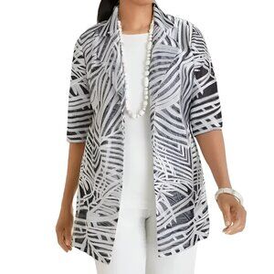 NWT Chicos Travelers Black-Blue White Mesh Duster Jacket Blazer 2 L 10-12